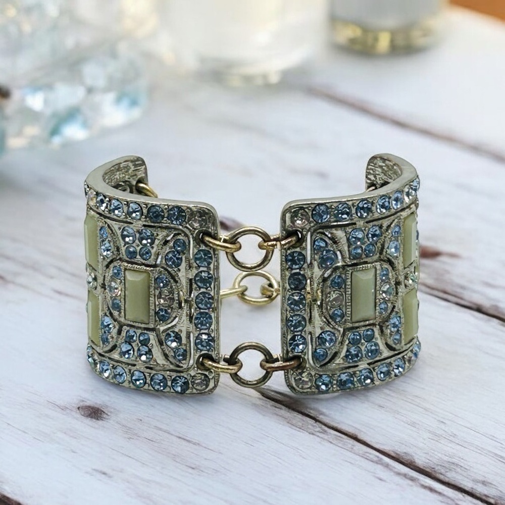 Lulu Frost for J.Crew Wide Art Deco Blue Crystal Green Accent Panel Bracelet 7”